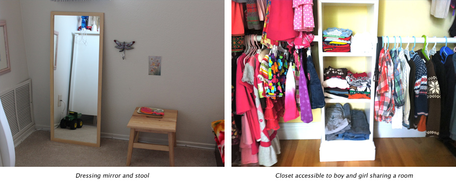 A child's bedroom that helps independence with low tables and chairs, clothing hung on hooks