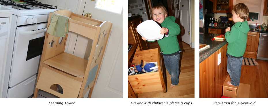 Photos of a kitchen set up so a young child can access countertops, plates, and cups.