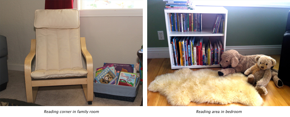 A child's bedroom with accessible books and a bed they can easily get in and out of.