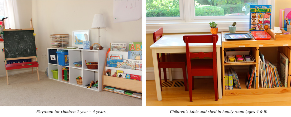 A well-organized child's room with low shelves, small chairs, and a small table