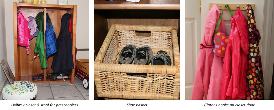 Three photos of an entryway organized to help children. It includes children's jackets on hooks, shoes in a wicker basket, and a place to sit and put on shoes